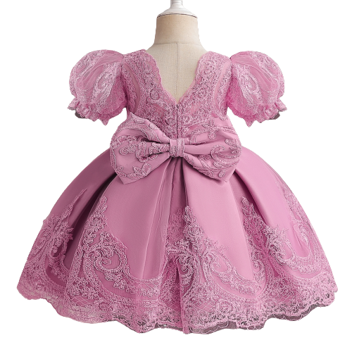 Sukienka dla dziewczynki z koronkowymi haftami - różowa