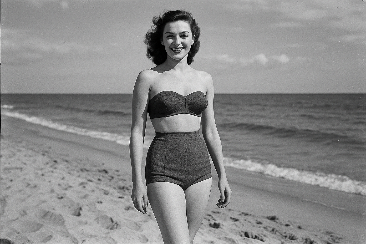 Modelka pozuje na plaży w stroju kąpielowym w stylu “Atome”.