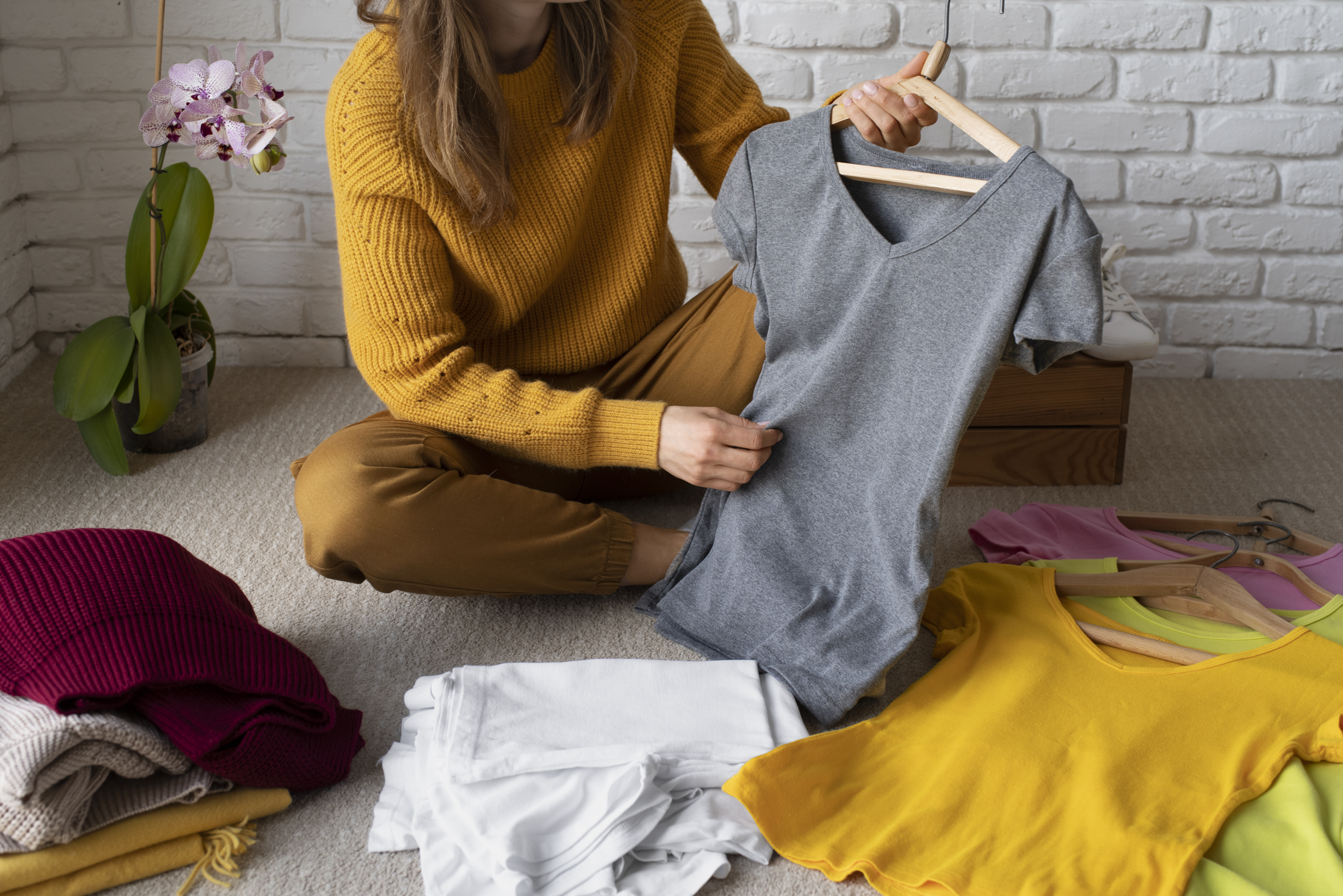 Kobieta sprawdzająca różne ubrania rozłożone dookoła niej.